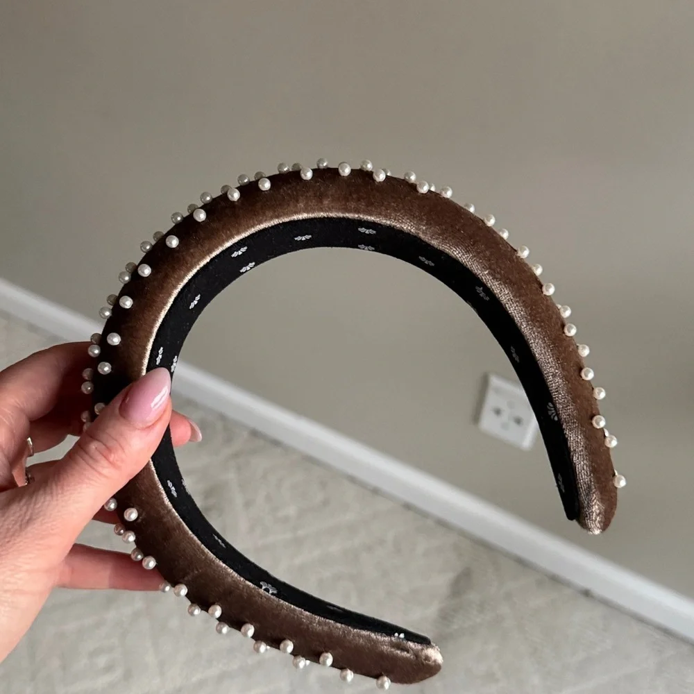 Lele Sadoughi Padded Velvet Pearl Headband Rare Brown Shimmer